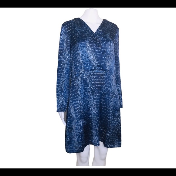 NWT HALSTON Tonal Snake Print V Neck Crossover Long Sleeve Dress Navy Blue Small - Picture 3 of 14